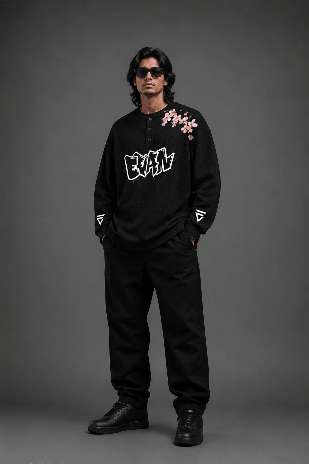 EVAN Sakura Waffle Henley – Black Oversized Fit - Evanbuilt