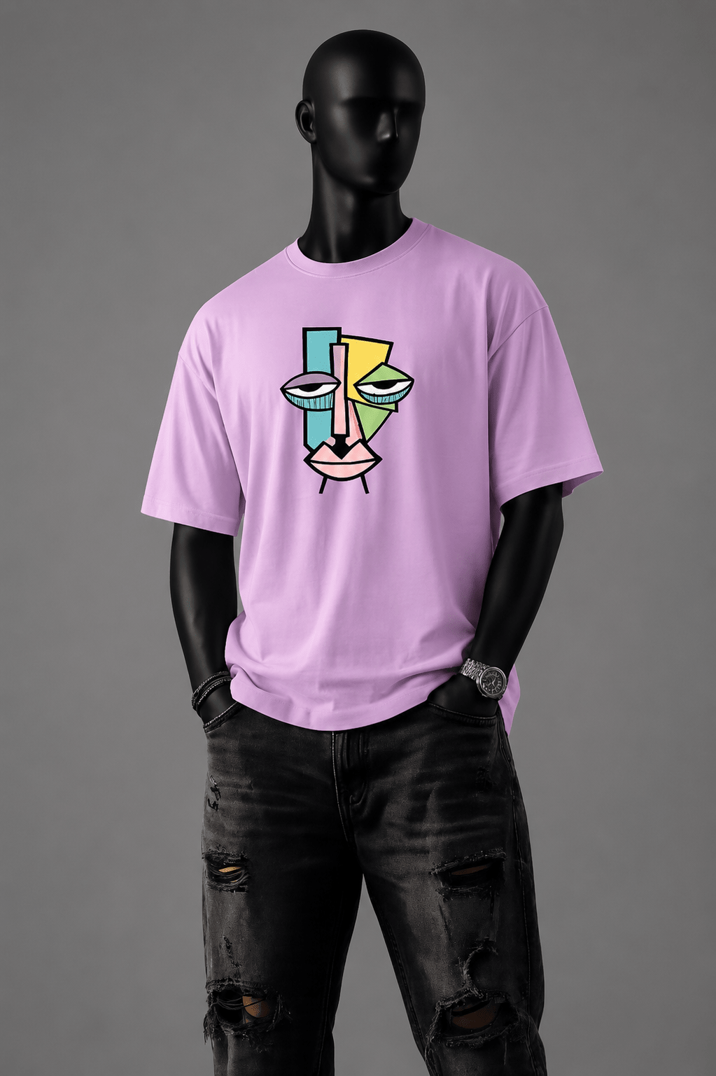 Abstract Face Oversized T-Shirt – Lavender Edition - Evanbuilt