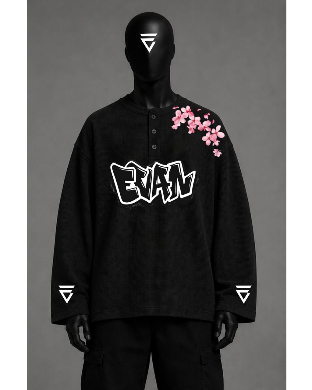 EVAN Sakura Waffle Henley – Black Oversized Fit - Evanbuilt